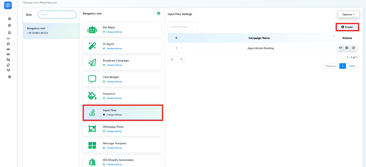 Bot Manager module list with Input Flow highlighted and the Create button in Input Flow Settings