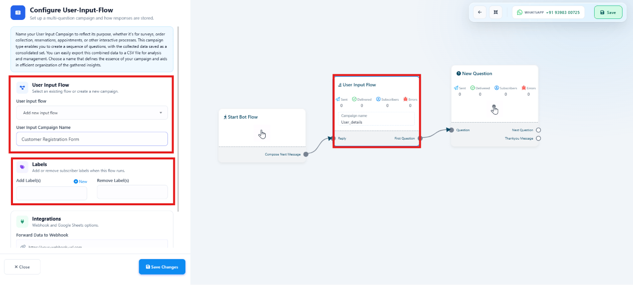Configure User-Input-Flow panel with User Input Campaign Name and Labels fields, next to the canvas flow showing User Input Flow connected to New Question