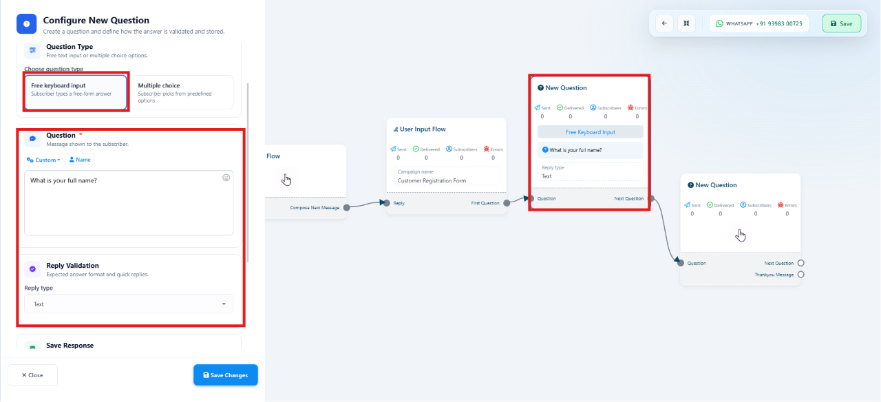 Configure New Question panel showing Multiple Choice selected, with answer options listed