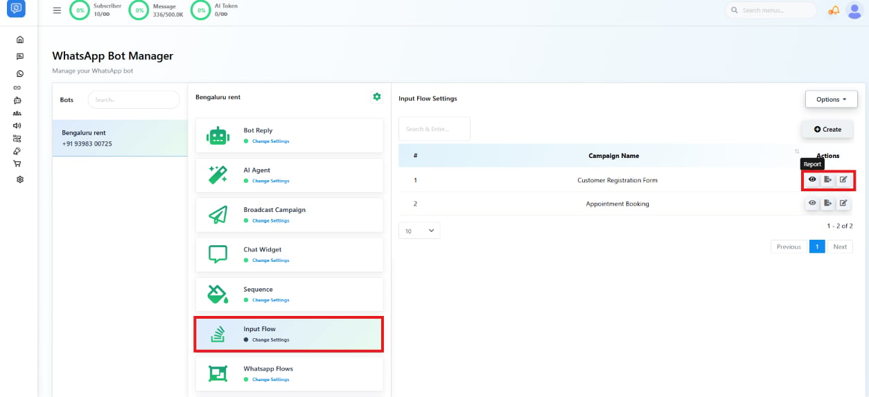 Input Flow Settings list with the Report action highlighted in a tooltip