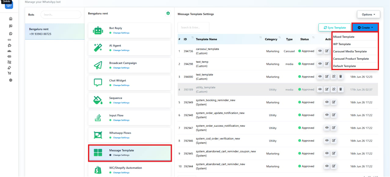 Message Template Settings list with the Create dropdown open showing Mixed, WP, Carousel Media, Carousel Product, and Default Templates