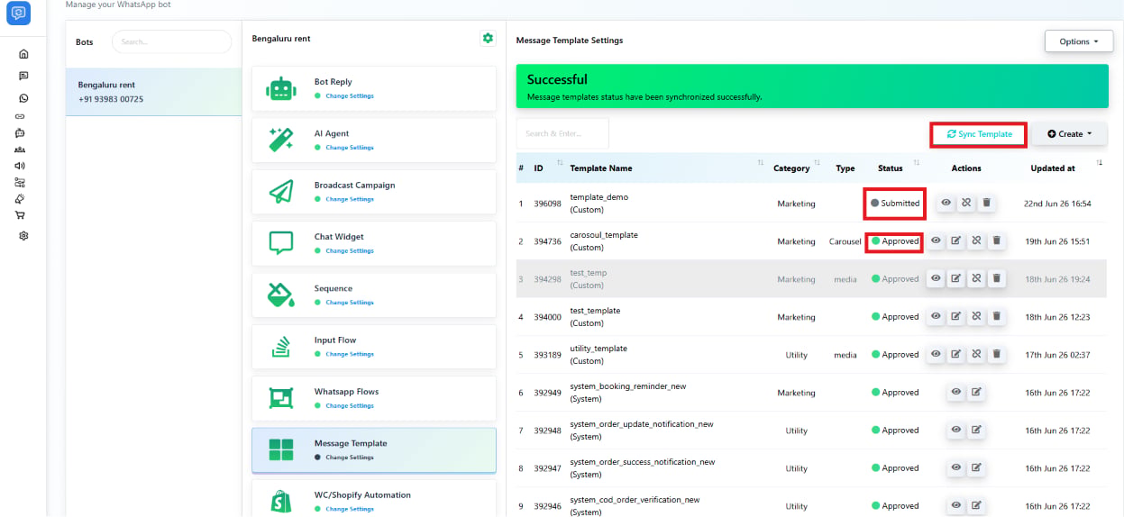 Message Template Settings list with a successful sync banner, Sync Template button, and Submitted/Approved status badges