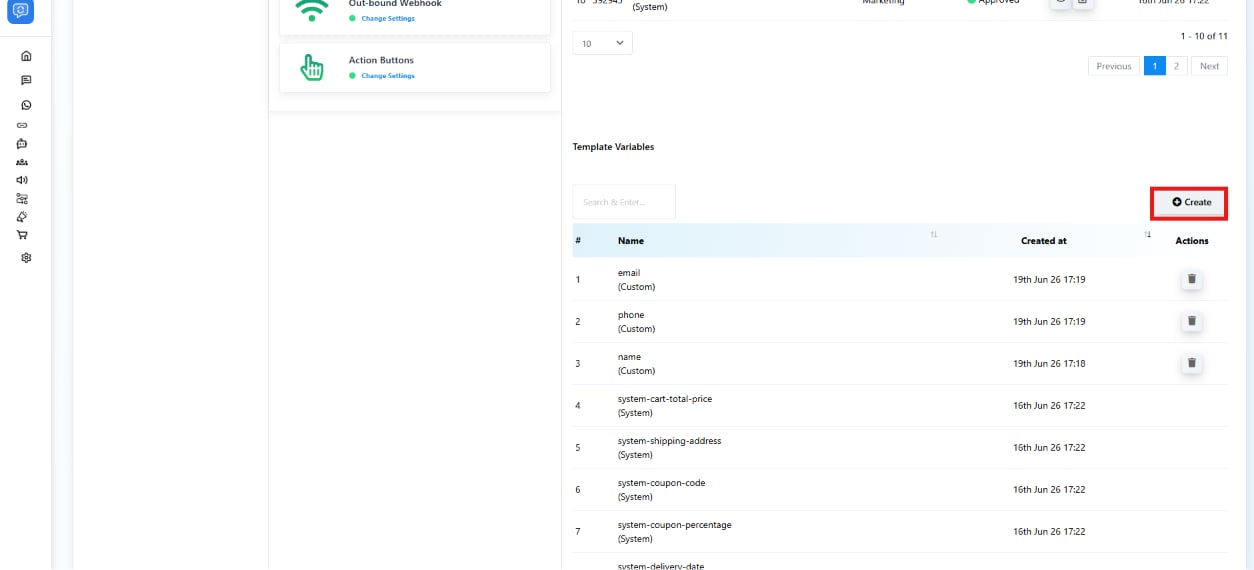Template Variables list showing custom and system variables with a Create button