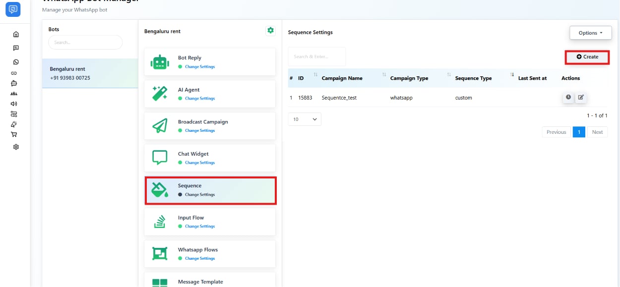 Sequence Settings list with a Create button highlighted