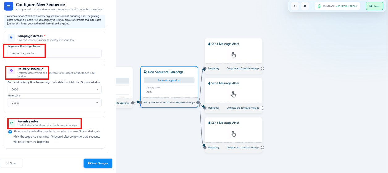 Configure New Sequence panel showing Sequence Campaign Name, Delivery schedule, and Re-entry rules