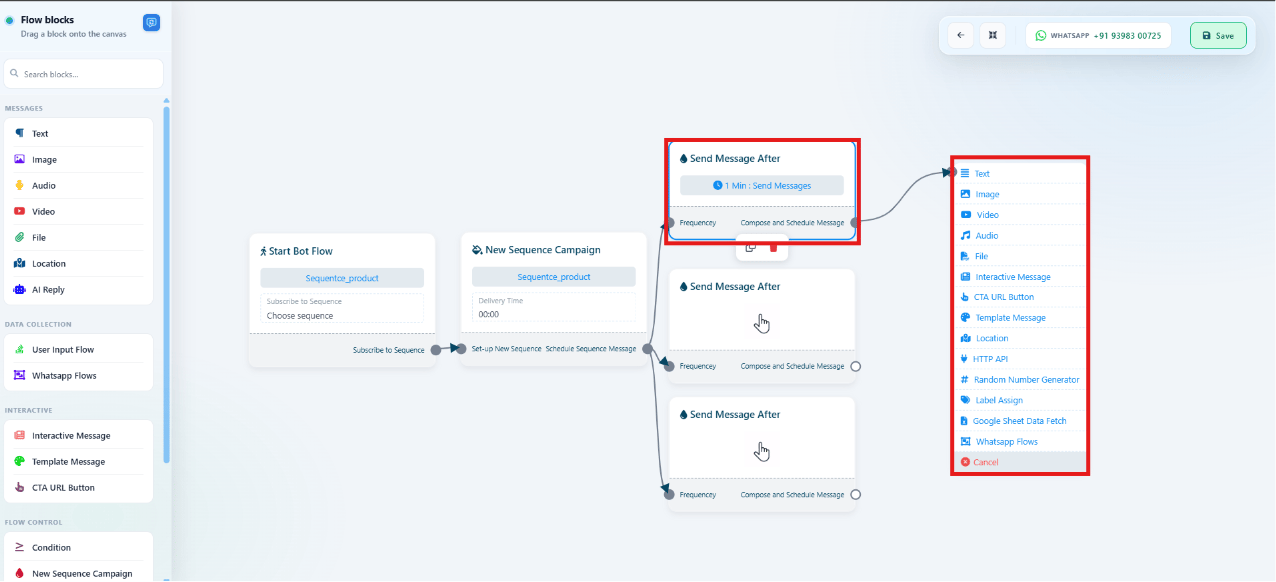 Flow blocks panel listing message and integration components for a sequence step