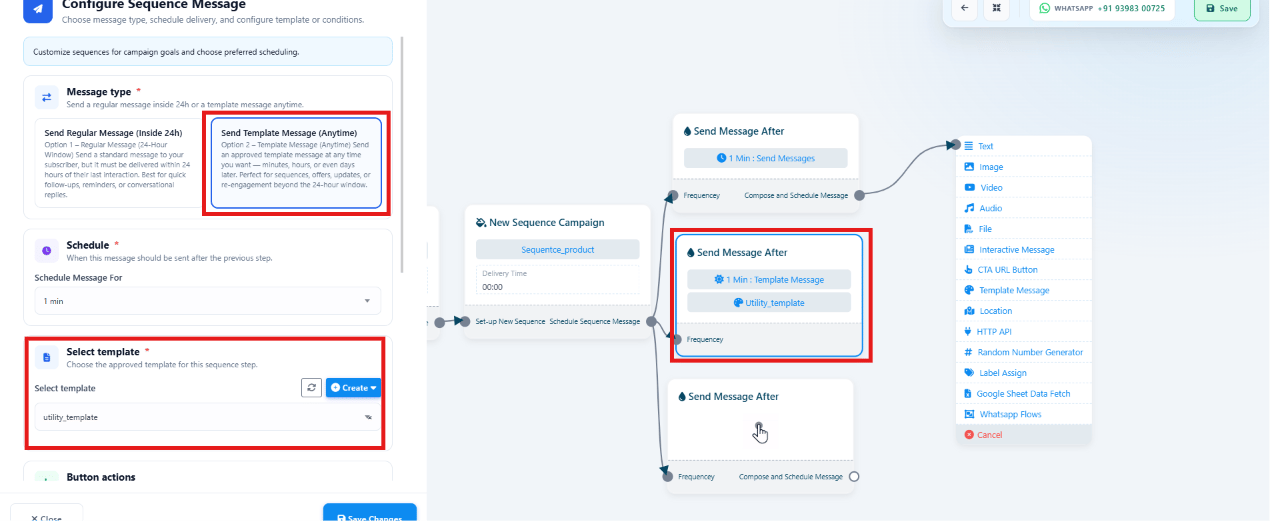 Configure Sequence Message panel set to Template Message, with a Select Template dropdown and button actions