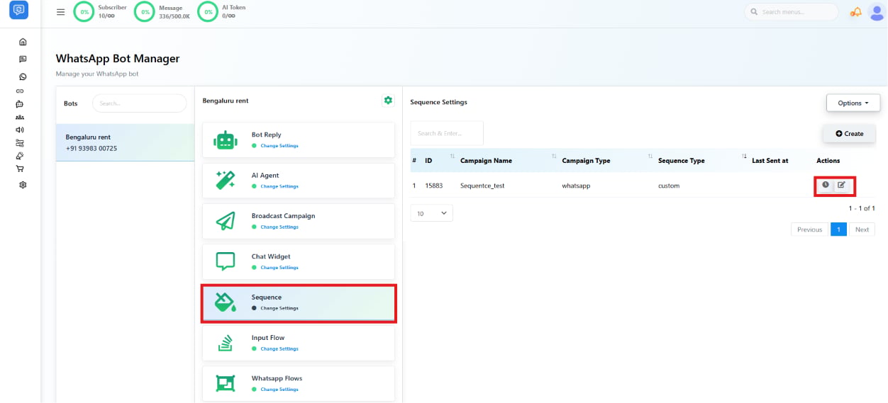 Sequence Settings list with Report and Edit action icons highlighted on a sequence row