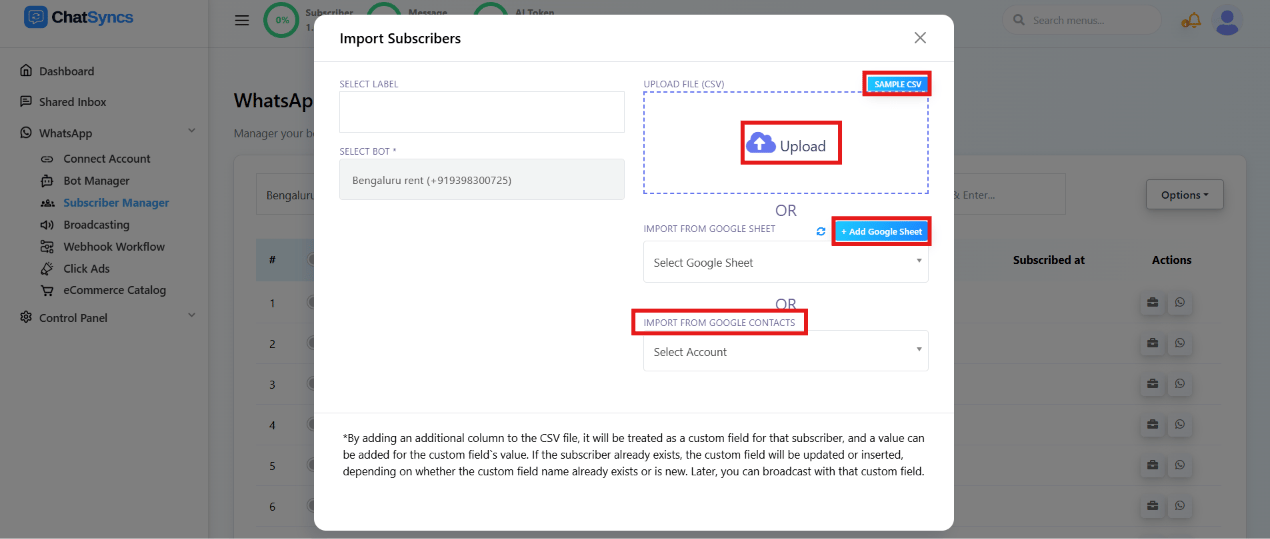 Import Subscribers modal with Upload File, Import from Google Sheet, and Import from Google Contacts options