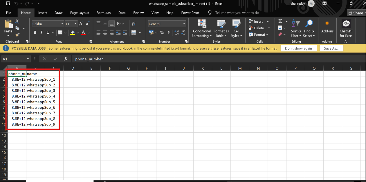 Excel spreadsheet with phone_number column showing scientific notation like 8.8E+12