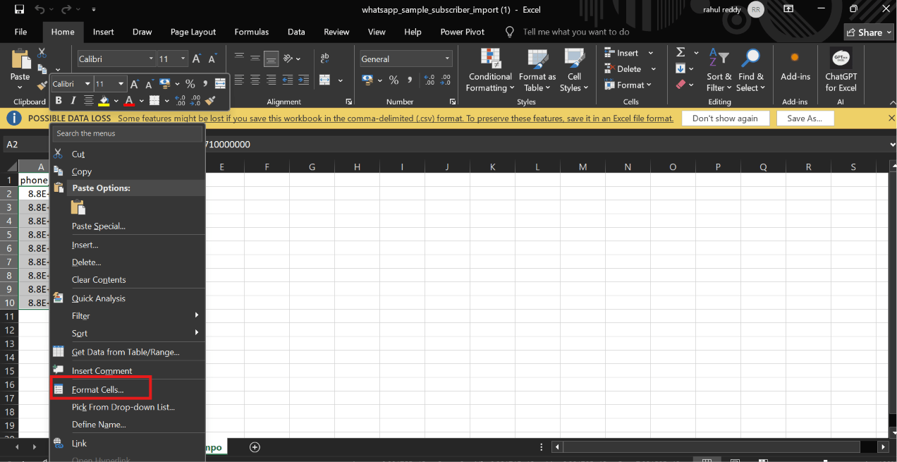 Excel right-click context menu with Format Cells highlighted on the phone_number column