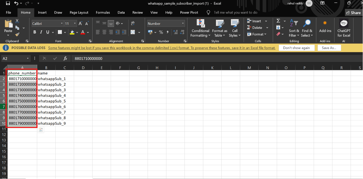 Excel spreadsheet with phone_number column showing correctly formatted full phone numbers