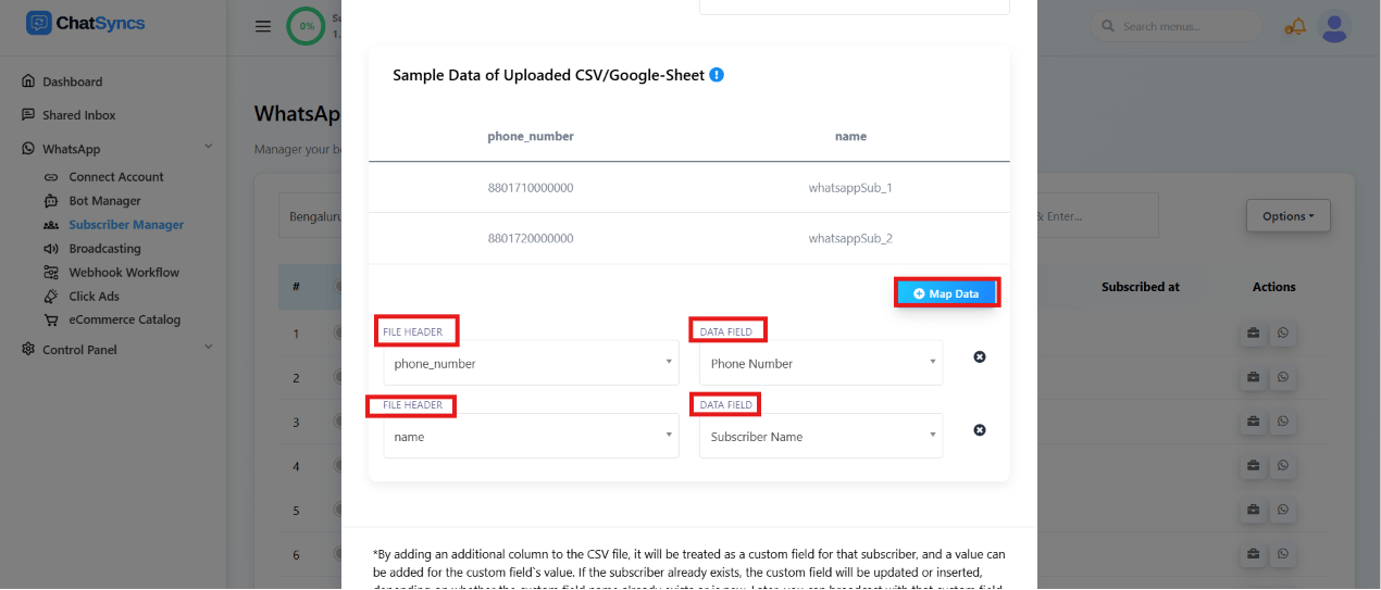 Sample Data of Uploaded CSV/Google-Sheet modal mapping File Header columns to Data Fields, with a Map Data button