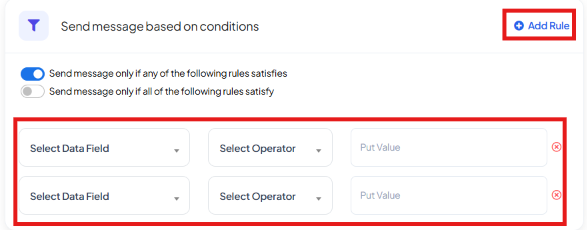 Send message based on conditions panel with the Any/All toggle and two stacked rules, each with Select Data Field, Select Operator, and Put Value, plus an Add Rule button