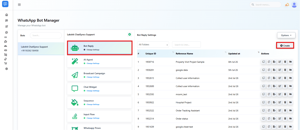 Chatbot Manager Keyword Replies list with the Keyword Replies module and Create button highlighted