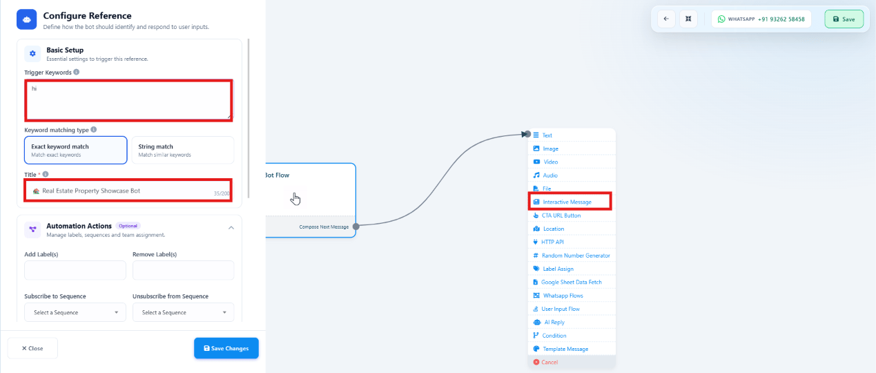 Configure Reference panel with the Trigger Keyword hi and Title Real Estate Property Showcase Bot fields highlighted, and the flow canvas showing the Interactive Message option highlighted