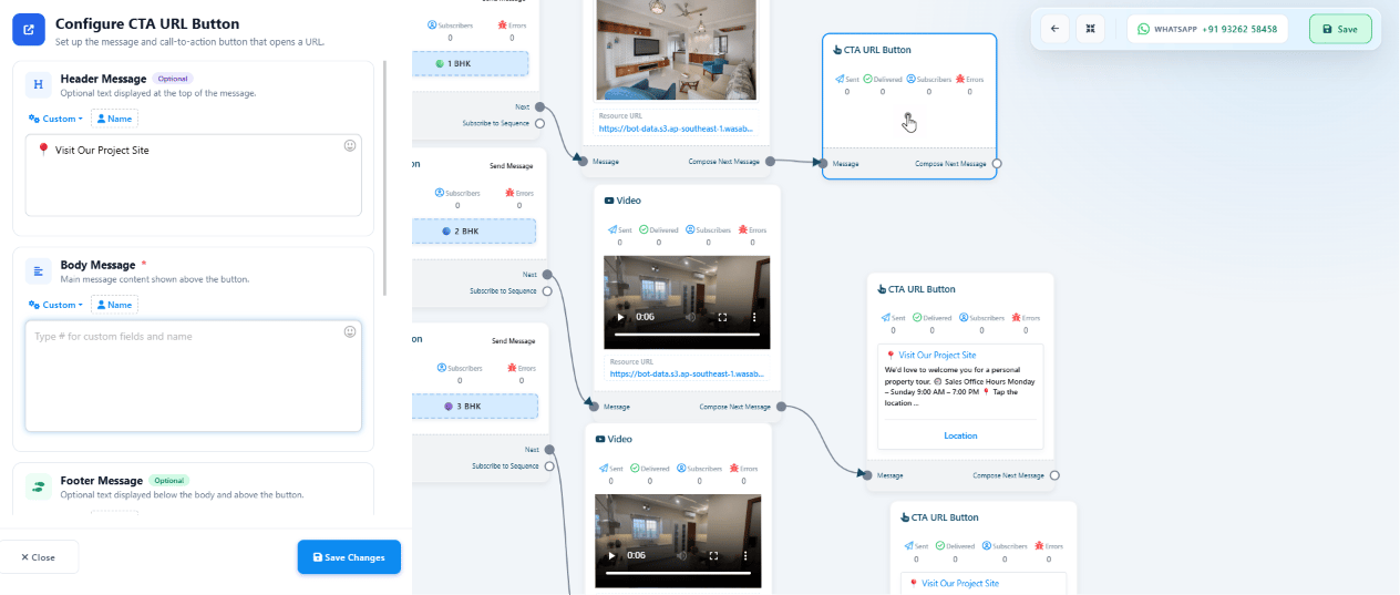 CTA URL Button configuration for Visit Our Project Site, connected after the 1 BHK image and 2 BHK/3 BHK walkthrough videos