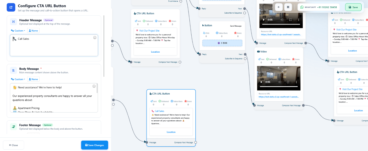 CTA URL Button configuration for Call Sales with a body message listing apartment pricing, floor plans, and other consultant topics