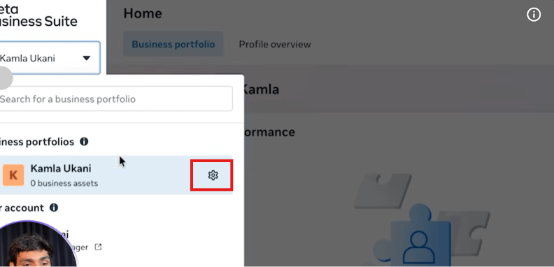 Meta Business Suite — opening a business portfolio's Settings