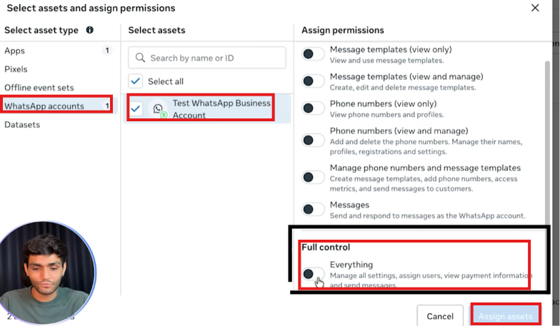 Assign WhatsApp Business Account full control to system user