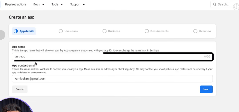 Create an app — App name and App contact email fields