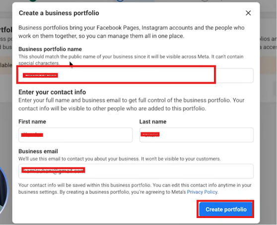 Create a business portfolio modal with portfolio name and contact info fields
