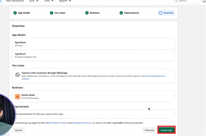 Overview step showing app details, use case, business portfolio, and Create app button