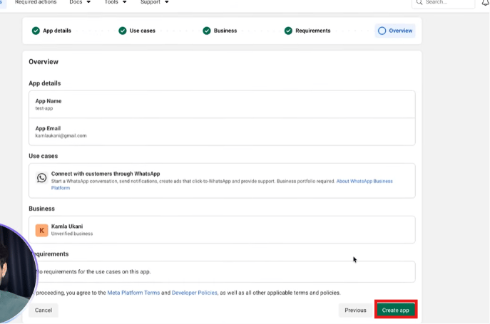 Overview step showing app details, use case, business portfolio, and Create app button