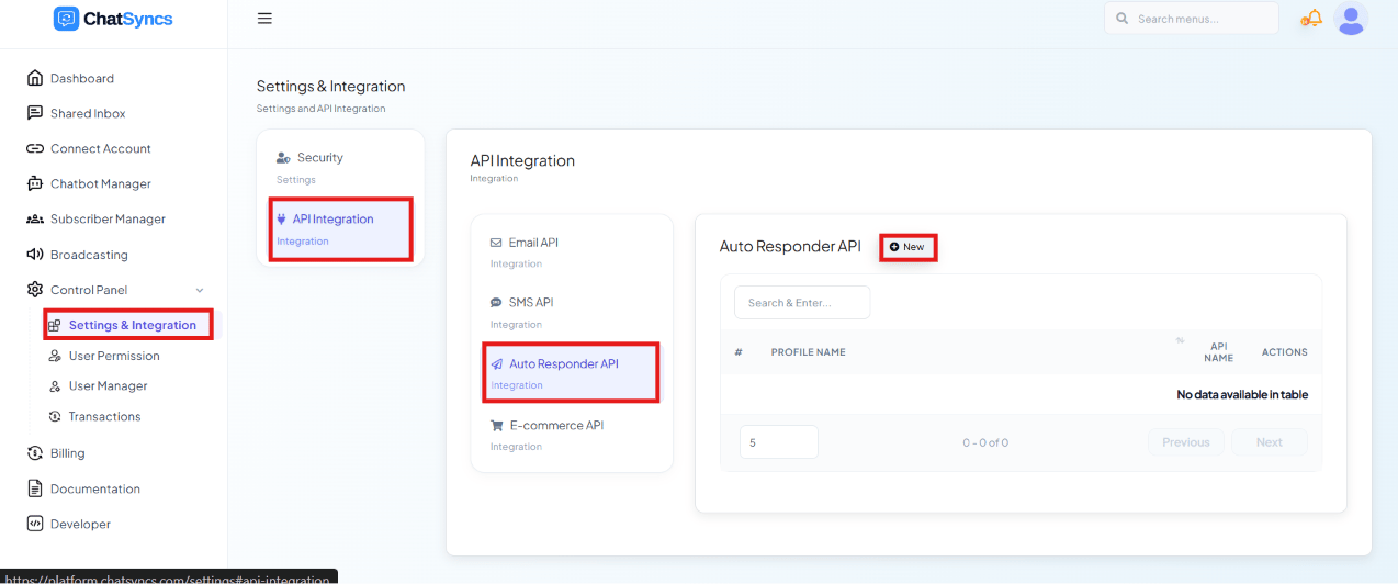 Settings & Integration page with API Integration selected, Auto Responder API selected in the sub-list, and its profile table (empty) with a New button highlighted