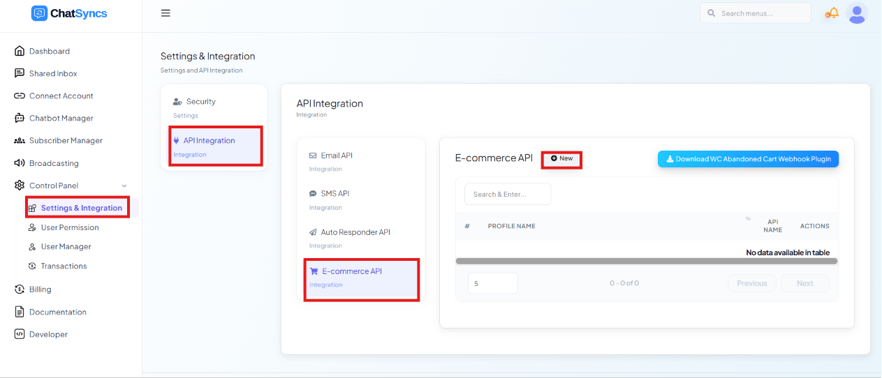 Settings & Integration page with API Integration selected, E-commerce API selected in the sub-list, a New button, and a Download WC Abandoned Cart Webhook Plugin button