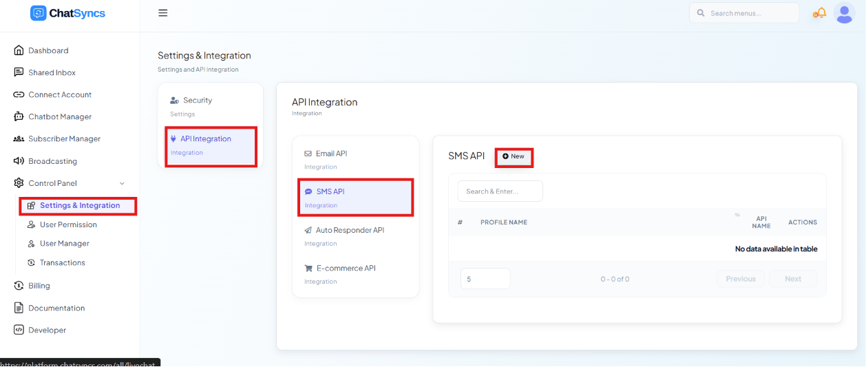 Settings & Integration page with API Integration selected, SMS API selected in the sub-list, and its profile table (empty) with a New button highlighted