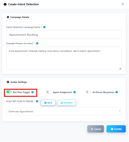 Create Intent Detection modal for Appointment Booking with Bot Flow Trigger enabled and Technician Appointment selected as the bot flow to trigger