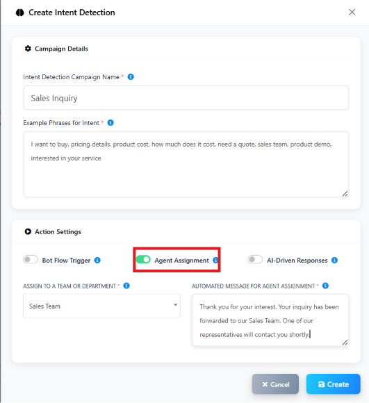 Create Intent Detection modal for Sales Inquiry with Agent Assignment enabled, Sales Team selected, and an automated message for agent assignment