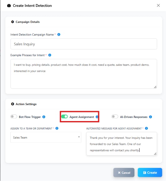 Create Intent Detection modal for Sales Inquiry with Agent Assignment enabled, Sales Team selected, and an automated message for agent assignment