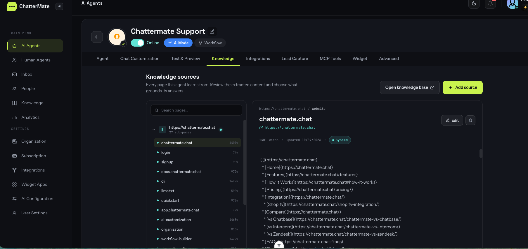Knowledge explorer — sources on the left, extracted page content on the right
