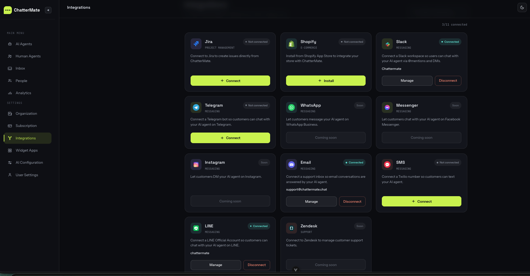 ChatterMate Integrations page showing messaging channel cards