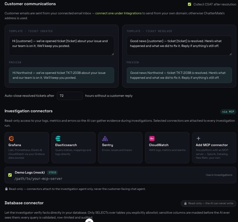 Ticketing settings — customer message templates with live preview, and Grafana / Elasticsearch / Sentry / CloudWatch investigation connectors