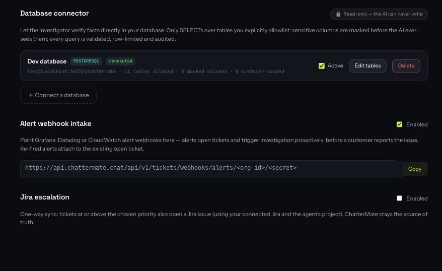 Ticketing settings — guardrailed database connector with allowlist and masking counts, alert webhook intake URL, and one-way Jira escalation