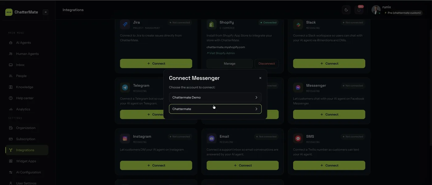 Choosing which Facebook Page to connect to ChatterMate