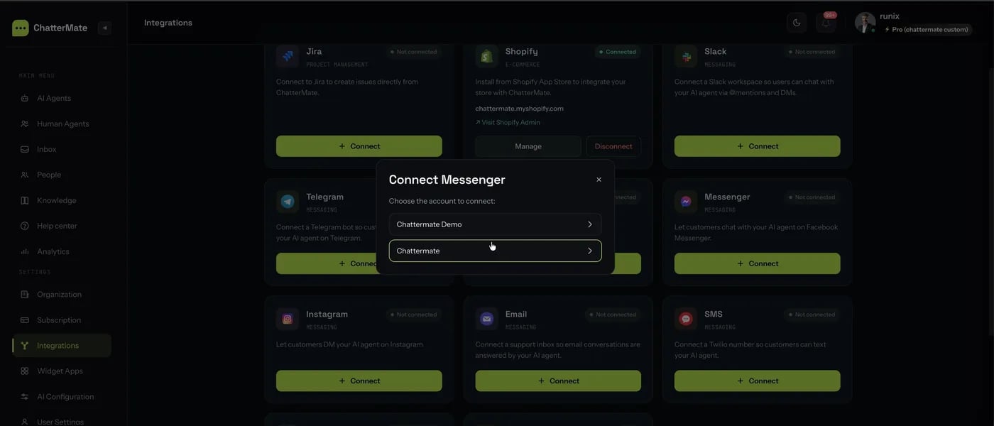Choosing which Facebook Page to connect to ChatterMate
