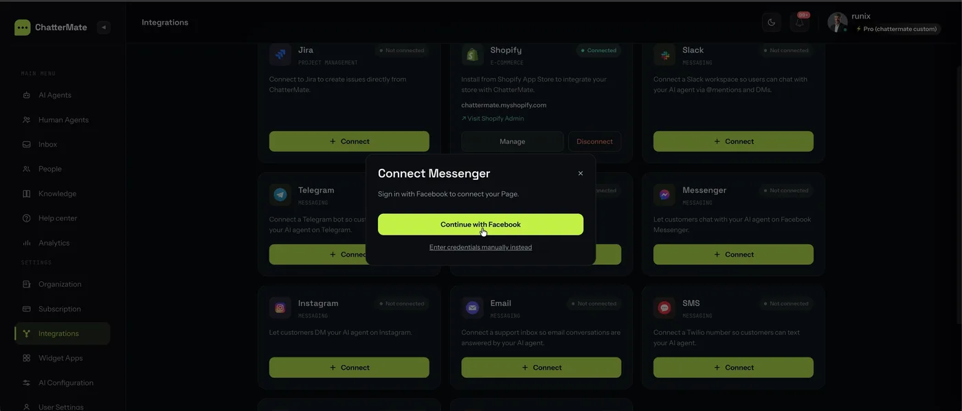 The Connect Messenger dialog offering Continue with Facebook