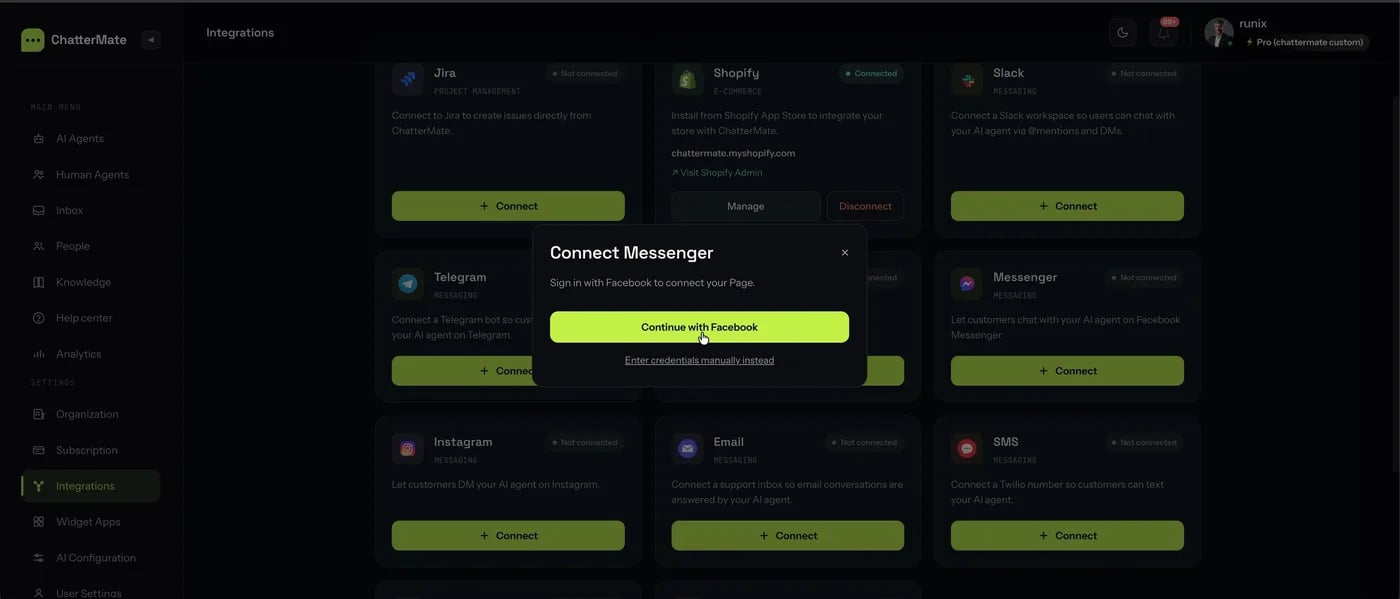 The Connect Messenger dialog offering Continue with Facebook