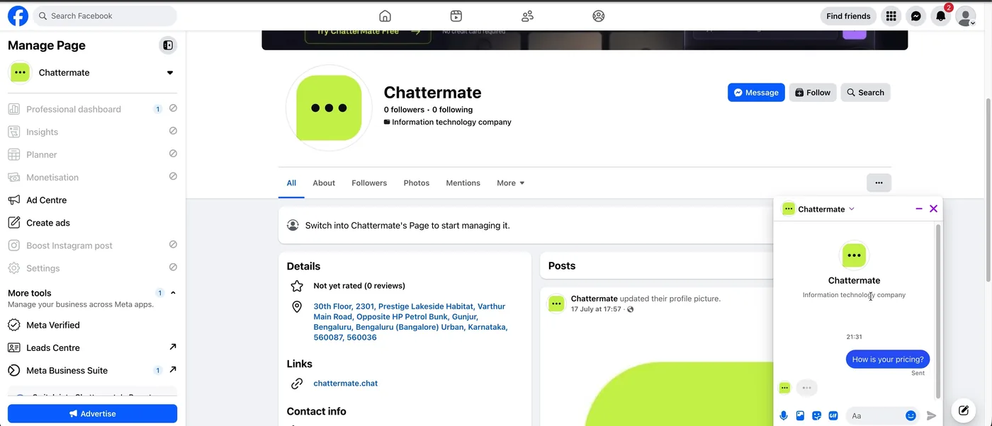 A customer messaging the Page on Facebook and the AI agent replying