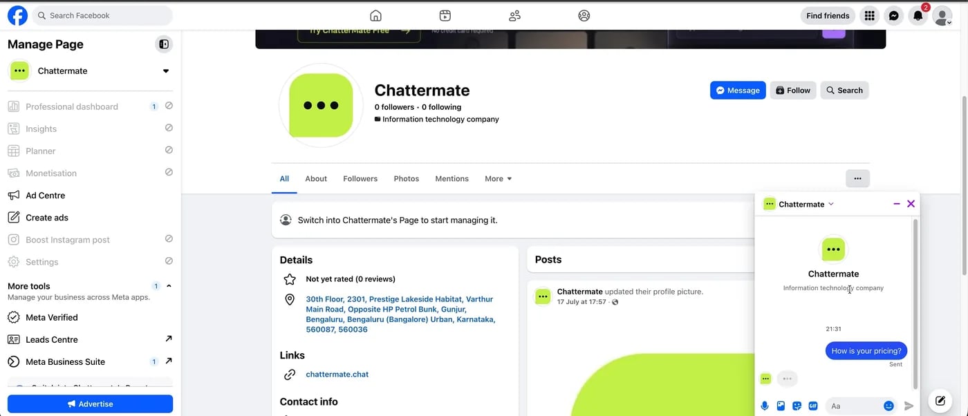 A customer messaging the Page on Facebook and the AI agent replying