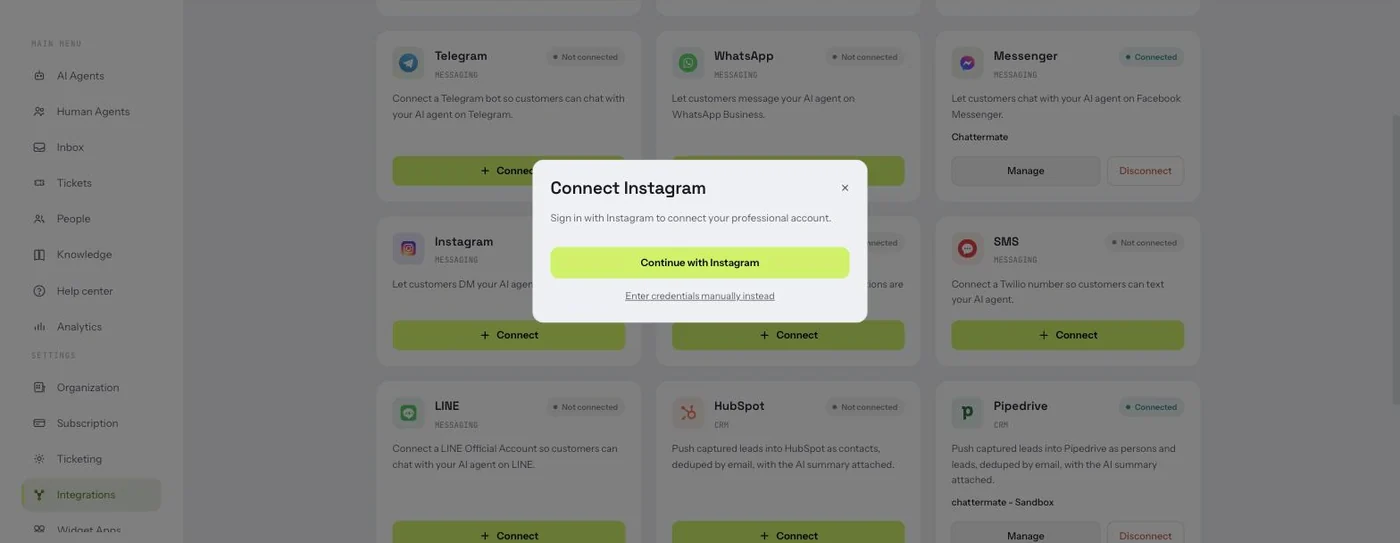 The Connect Instagram dialog offering Continue with Instagram