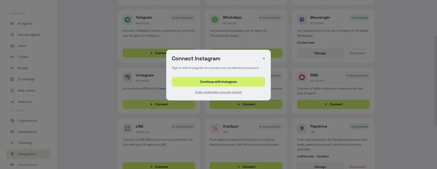 The Connect Instagram dialog offering Continue with Instagram