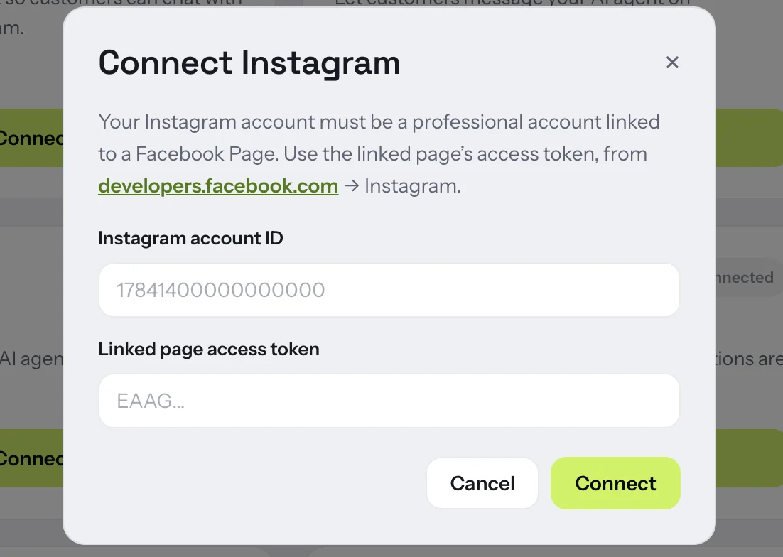 Entering an Instagram account ID and linked page access token in ChatterMate