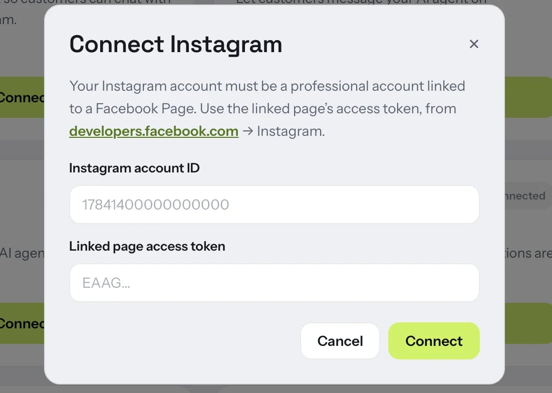 Entering an Instagram account ID and linked page access token in ChatterMate
