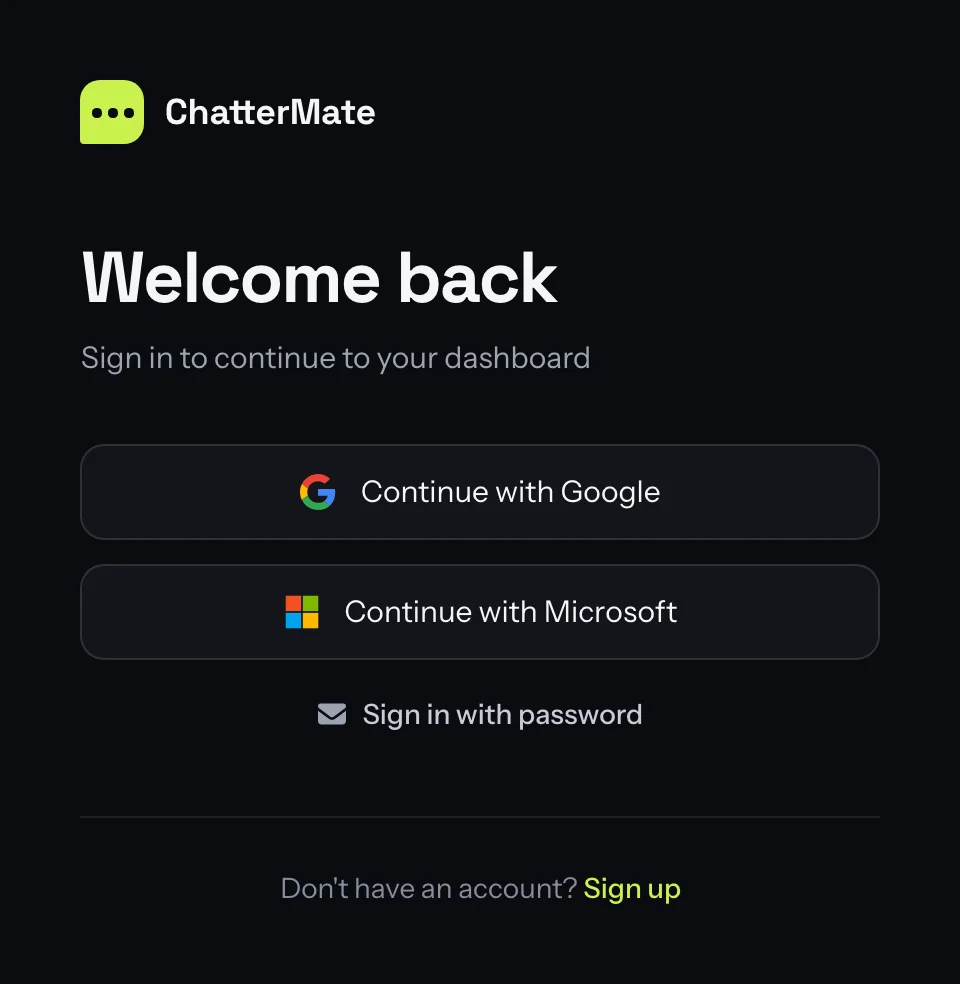 The login page leading with Continue with Google and Continue with Microsoft, and a Sign in with password link