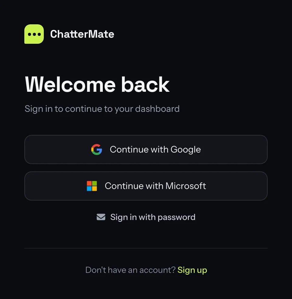 The login page leading with Continue with Google and Continue with Microsoft, and a Sign in with password link
